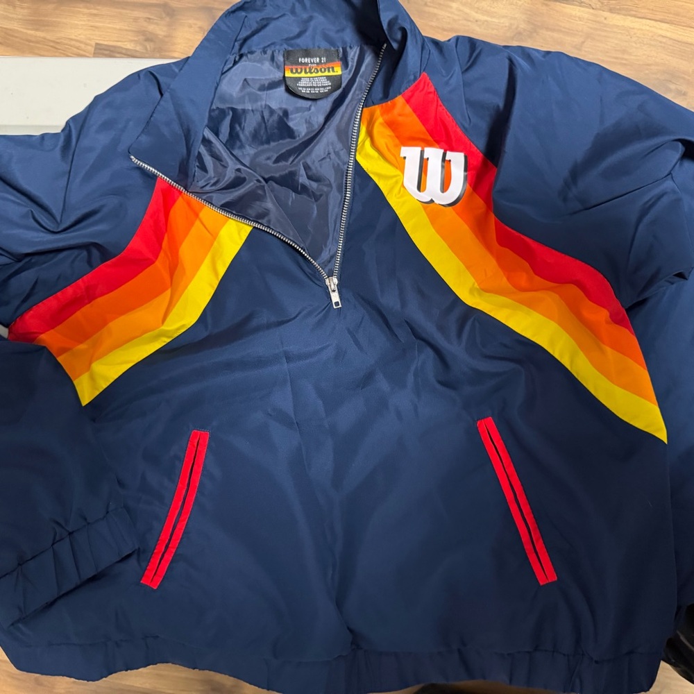 Forever 21 Men's Navy Windbreaker with Multicolor Stripes